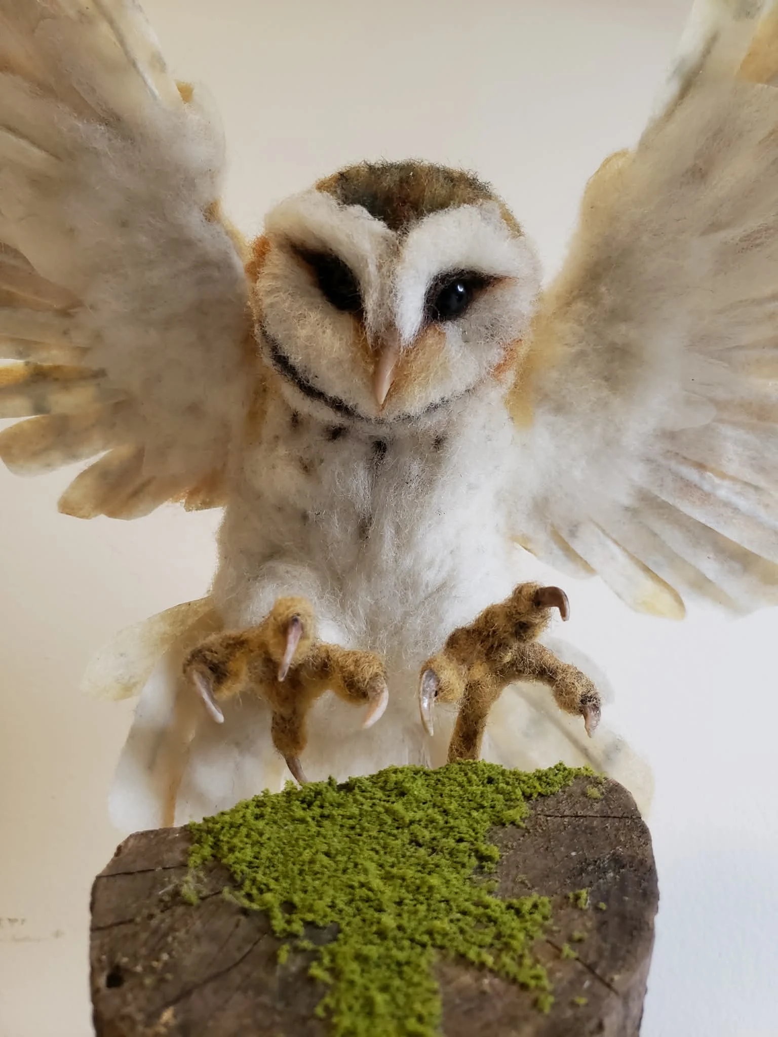 Needle-felted barn owl sculpture with spread wings by Irina Hughes