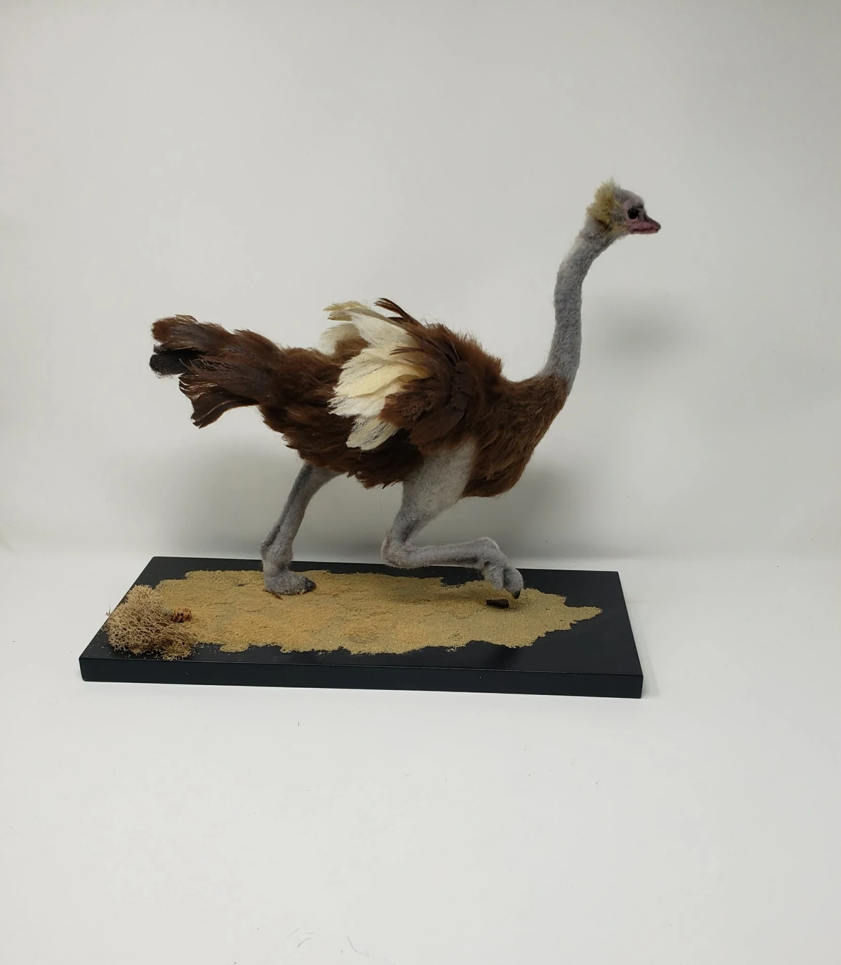 Needle-felted ostrich sculpture on a base by Irina Hughes