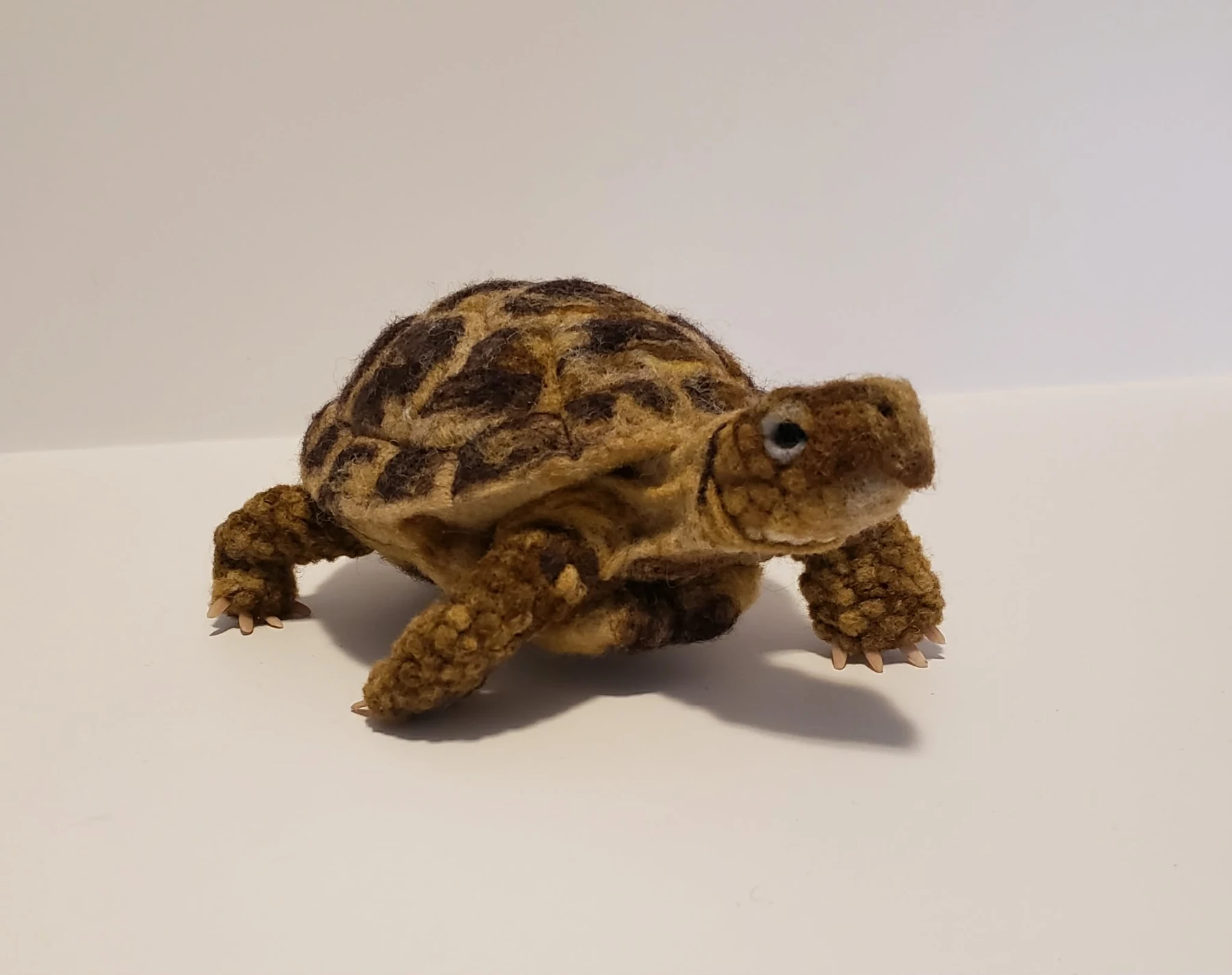 Needle-felted tortoise sculpture with patterned shell by Irina Hughes